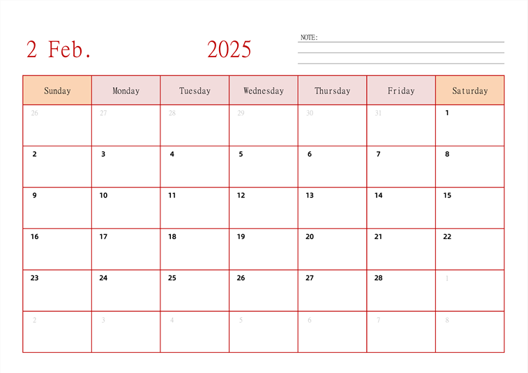 2025年日历台历 英文版 横向排版 周日开始